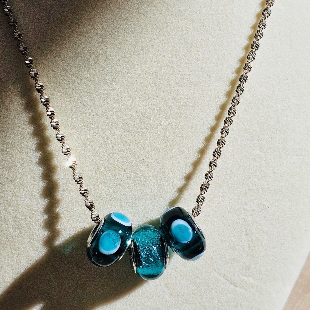 Murano Glass Teal Bead Twisted 925 Silver Necklace - Picture 2 of 12